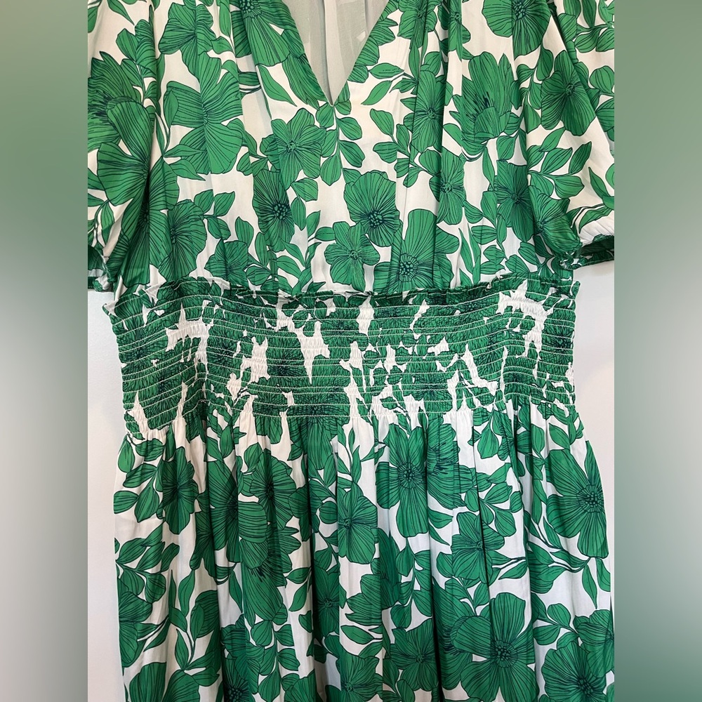 JCREW Smocked Waist Greenhouse Floral Kelly Green Preppy Garden Dress sz L - Picture 6 of 13